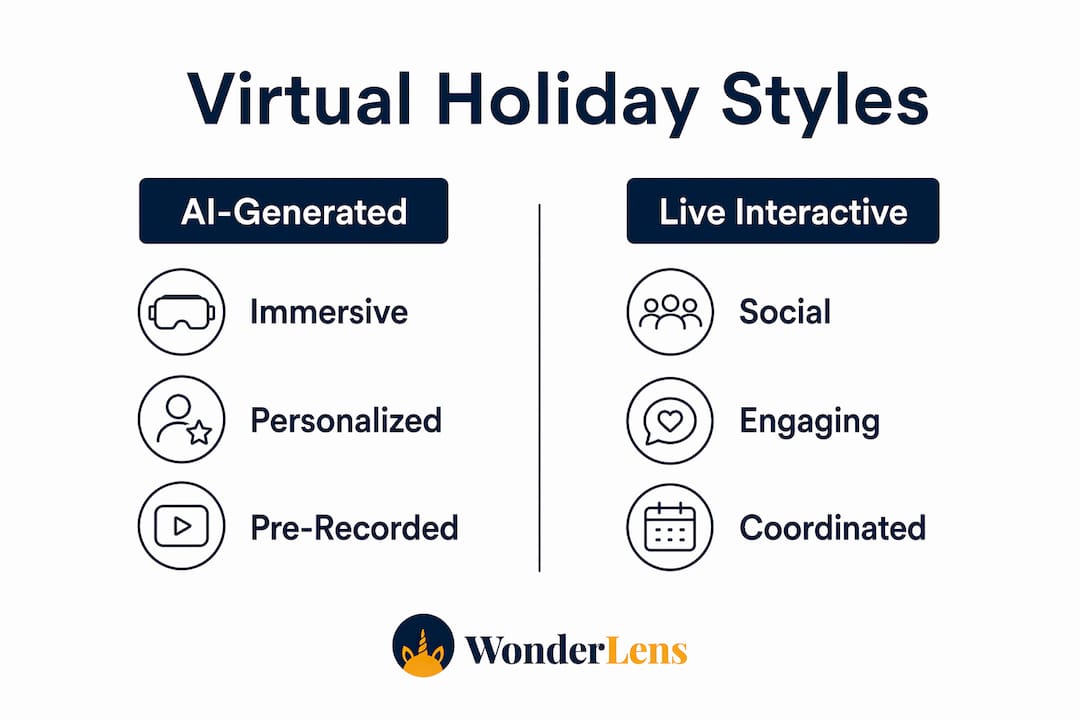 Infographic comparing AI-generated and live virtual holiday surprises