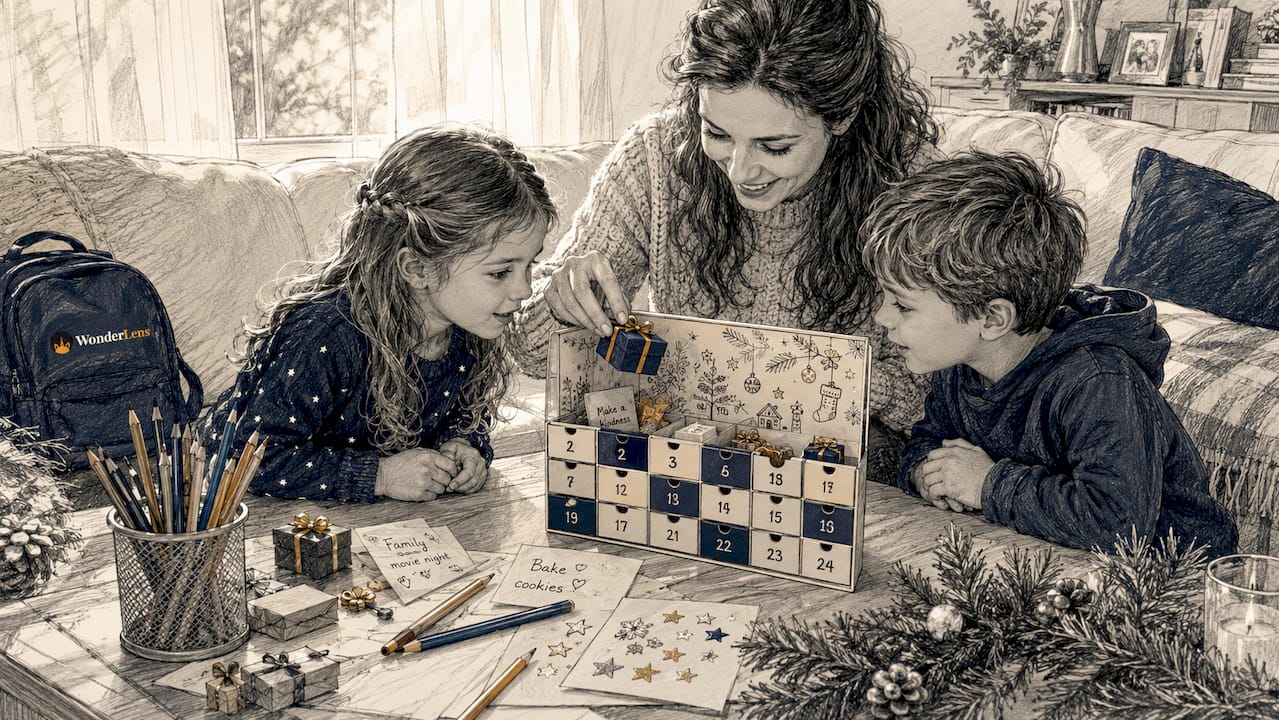 Family preparing advent calendar together