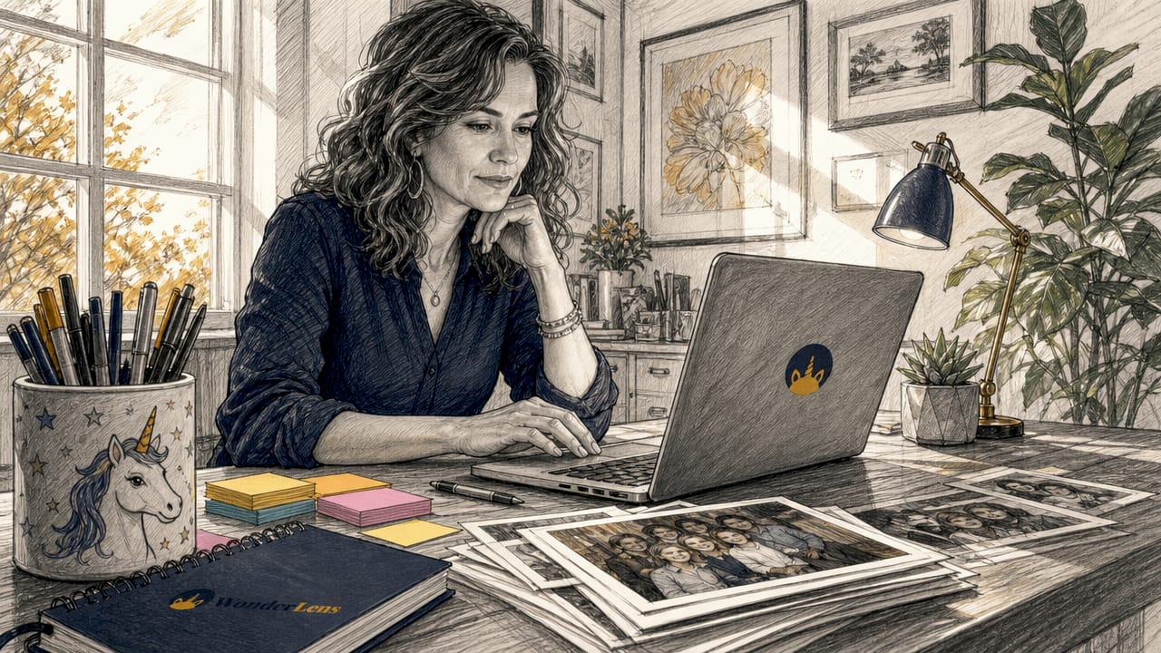Woman editing family photo at home desk