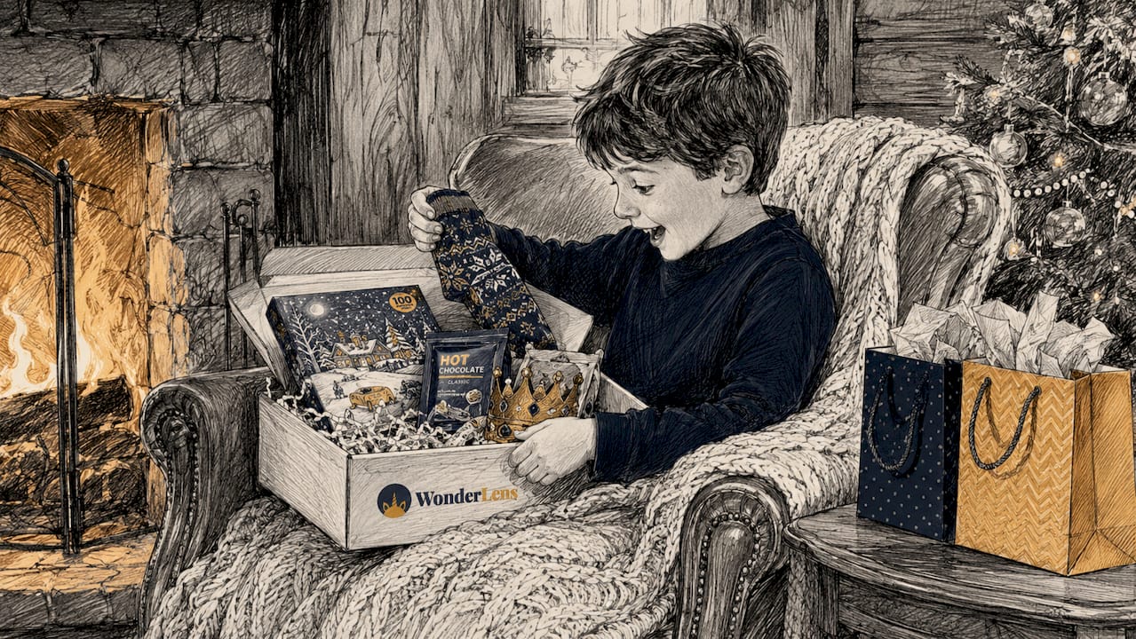 Child opening Christmas Eve box with gifts