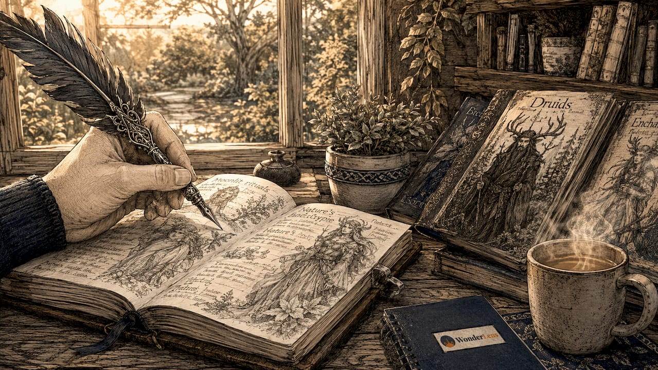 Desk with fantasy books and writing hand