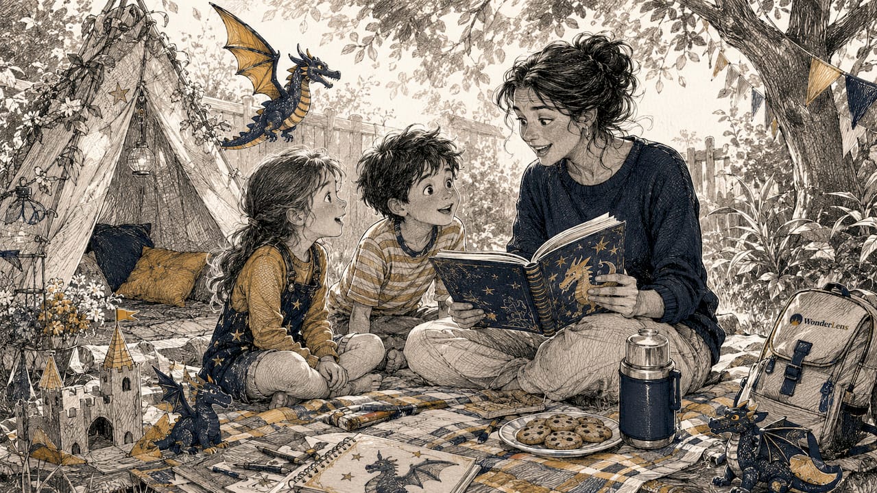 Mother reading fantasy storybook to children