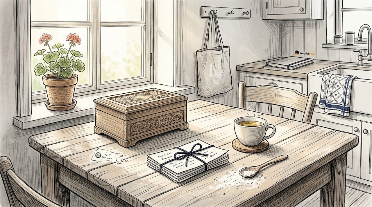Family keepsake box on living room coffee table