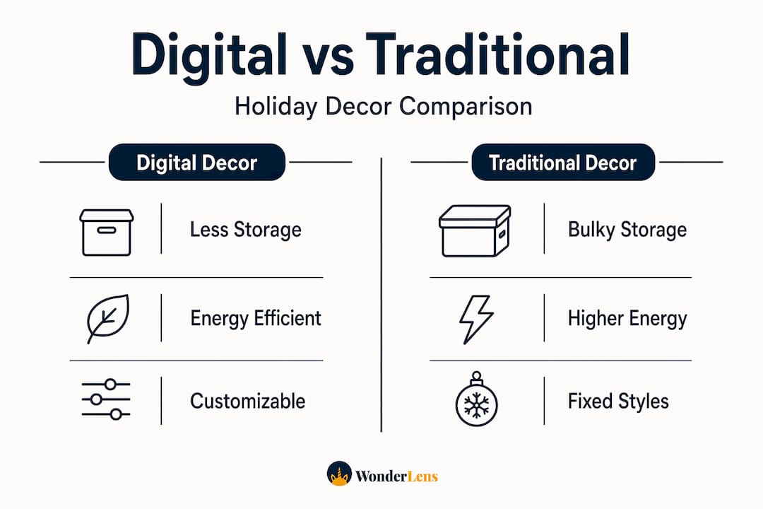 Infographic comparing digital and traditional holiday decorations