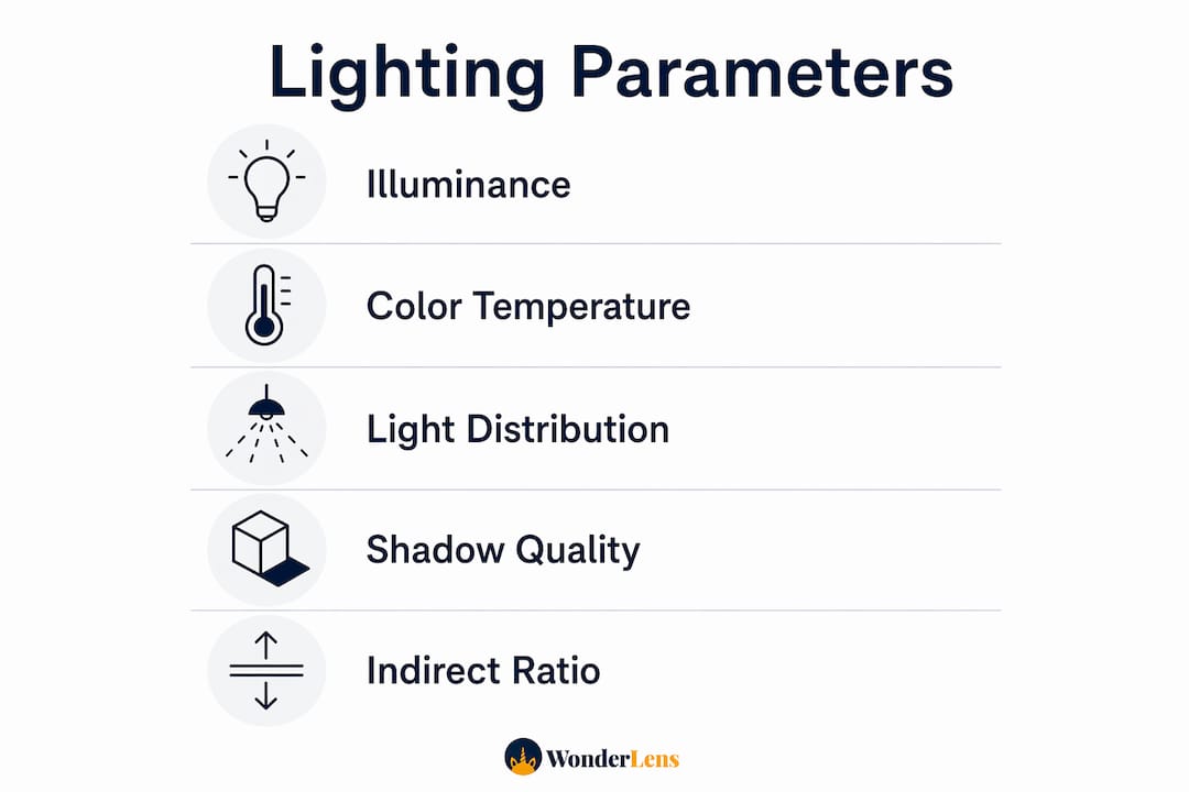 Infographic showing key lighting parameters affecting video realism
