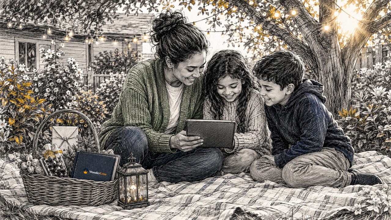 Family bonding with tablet during holiday