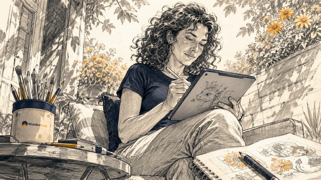 Woman digitally drawing fantasy character at tablet