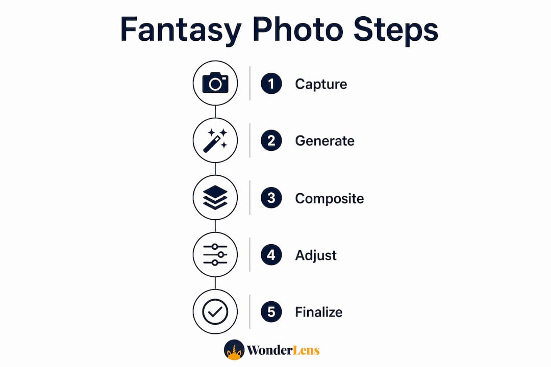 Infographic illustrating five step fantasy photo editing process