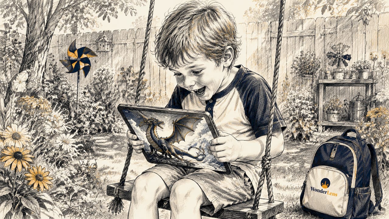 Child watching personalized dragon video on laptop