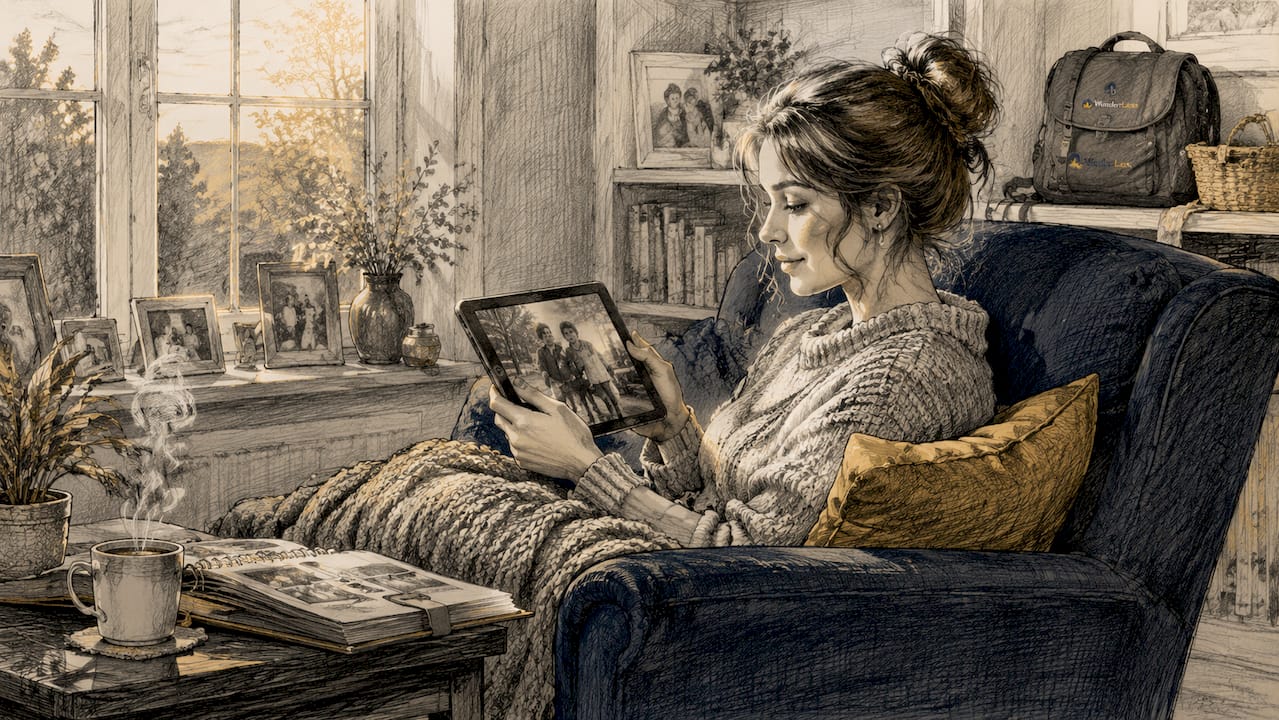 Woman watching family video on tablet in living room