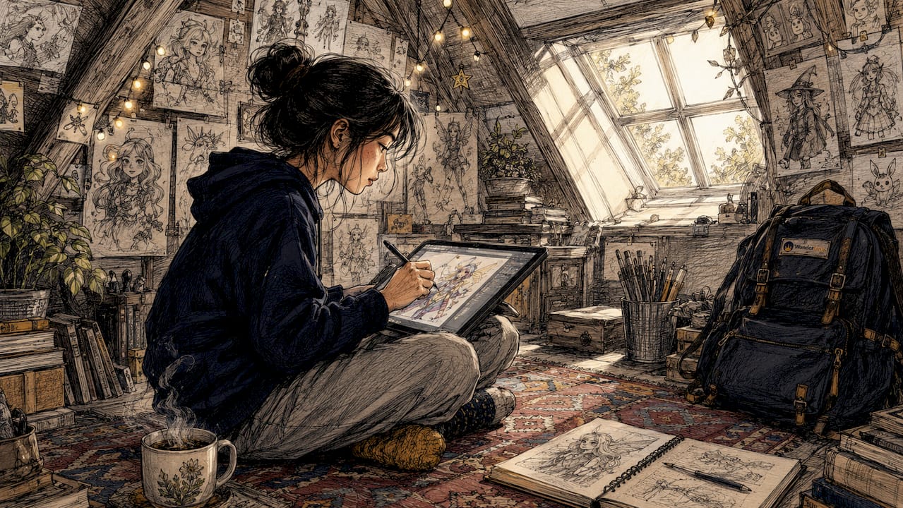 Artist working on fantasy overlay digital drawing