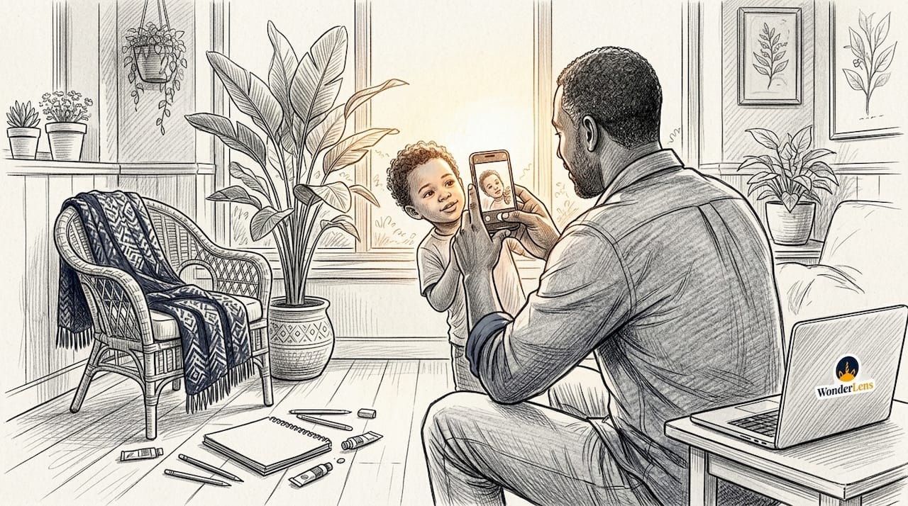 Parent filming child by window with natural light