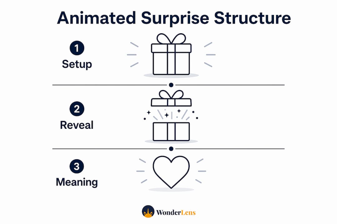 Infographic showing three-stage structure of animated surprises