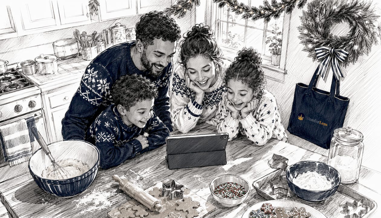 Family watching personalized Santa video on tablet