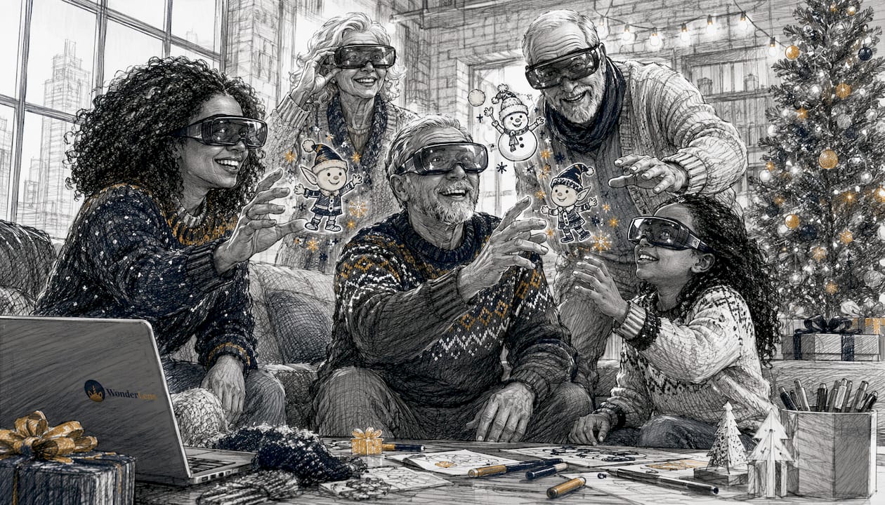 Family engaging with AR holiday story in living room