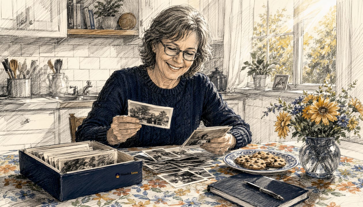 Person selecting holiday photos at desk