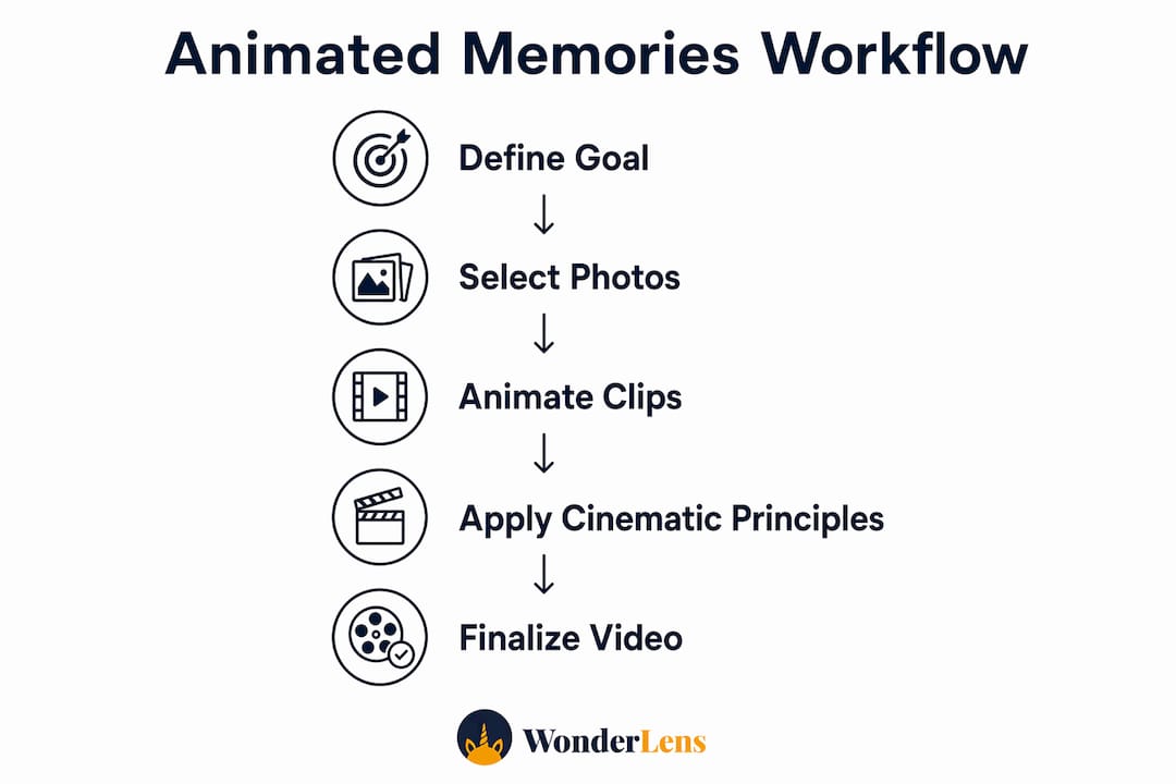 Infographic showing workflow steps for animated holiday memories