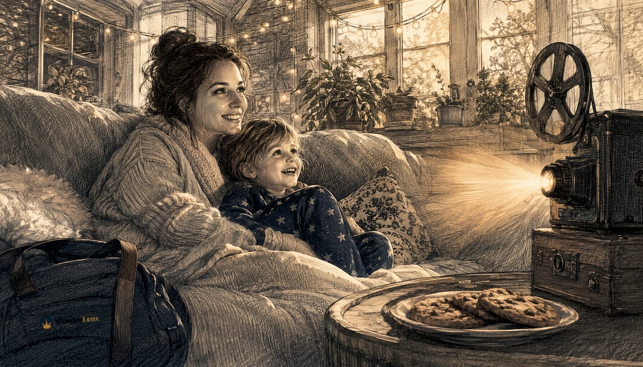 Family watching cinematic holiday animation on TV