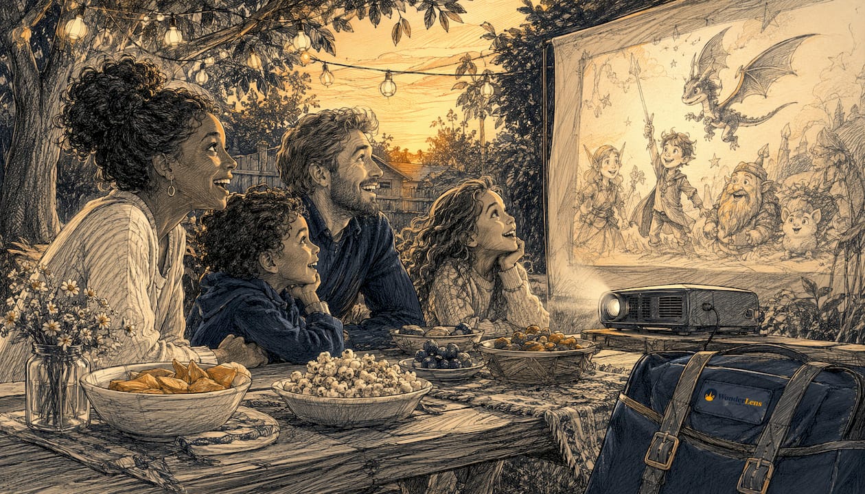 Family watching fantasy characters in living room