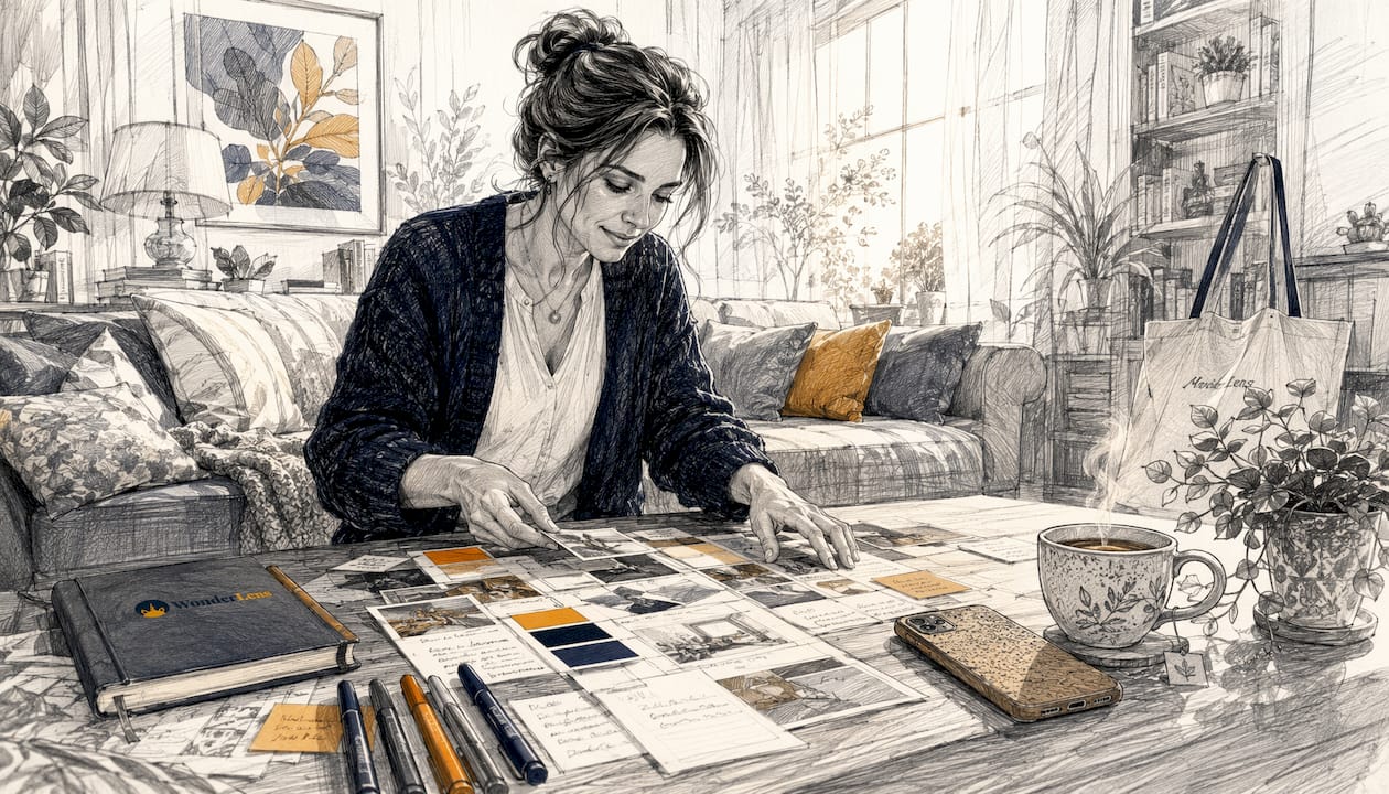Parent creating mood board at kitchen table