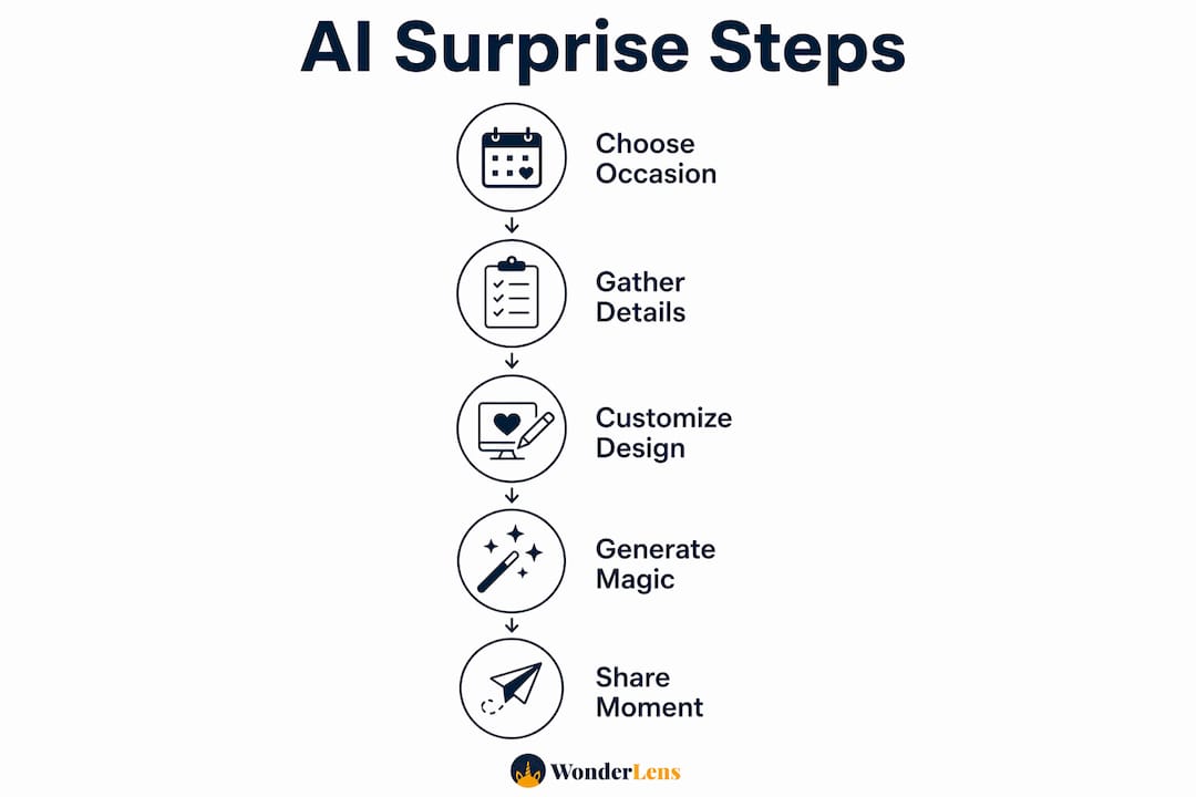 Infographic illustrating steps to create AI family surprise