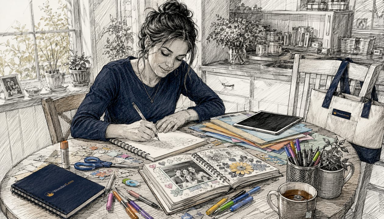 Woman designing personalized family gift in home office