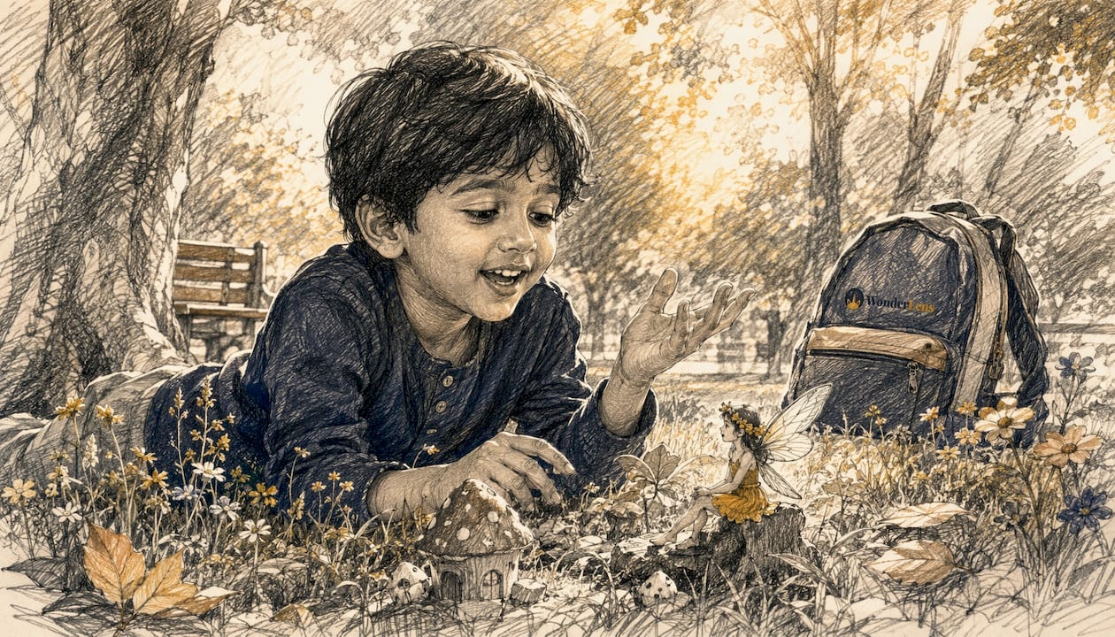 Child playing with fairy figurine in bedroom