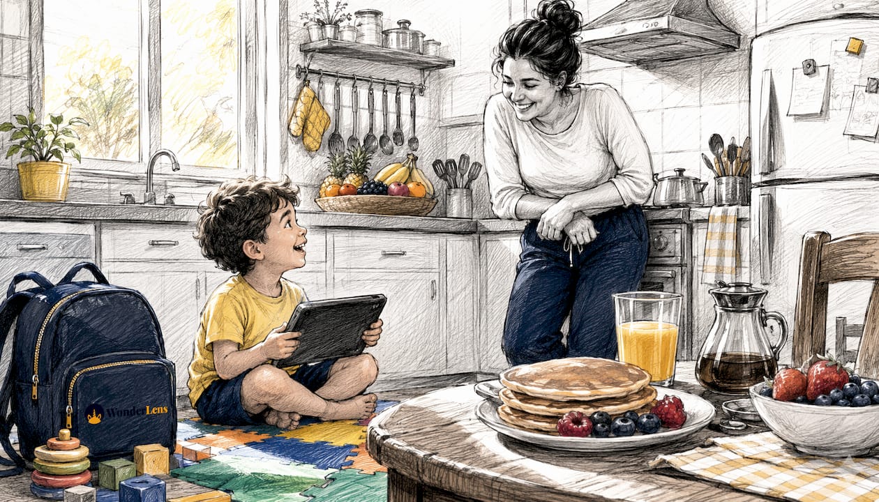 Child watching personalized video on tablet with parent nearby