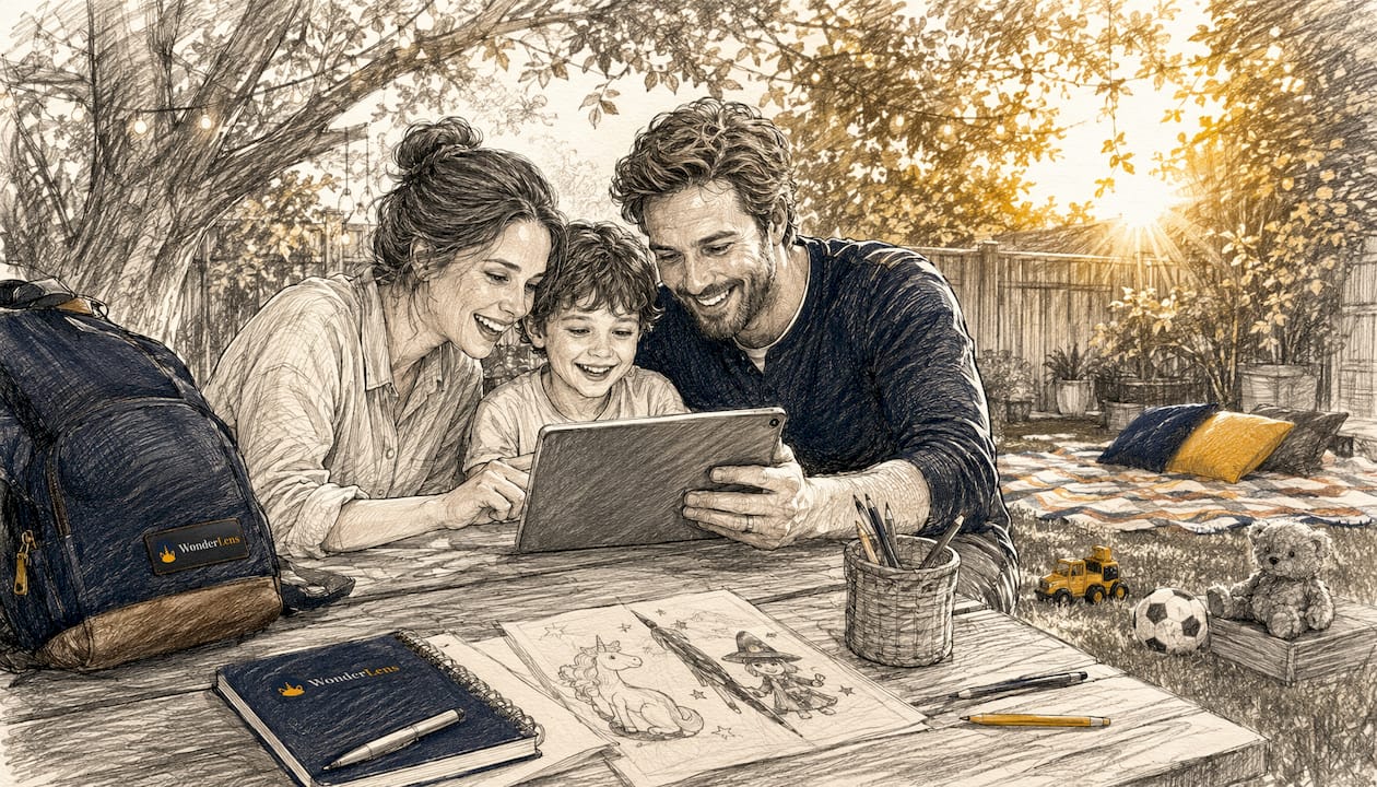 Family creating AI video with tablet in living room