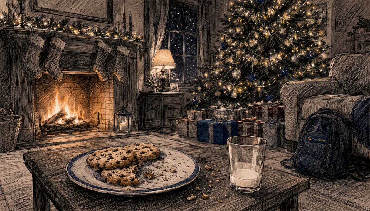 Partially eaten cookie with milk near Christmas tree