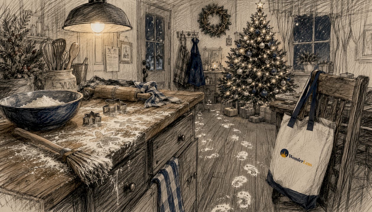 Flour footprints trail on floor near Christmas tree