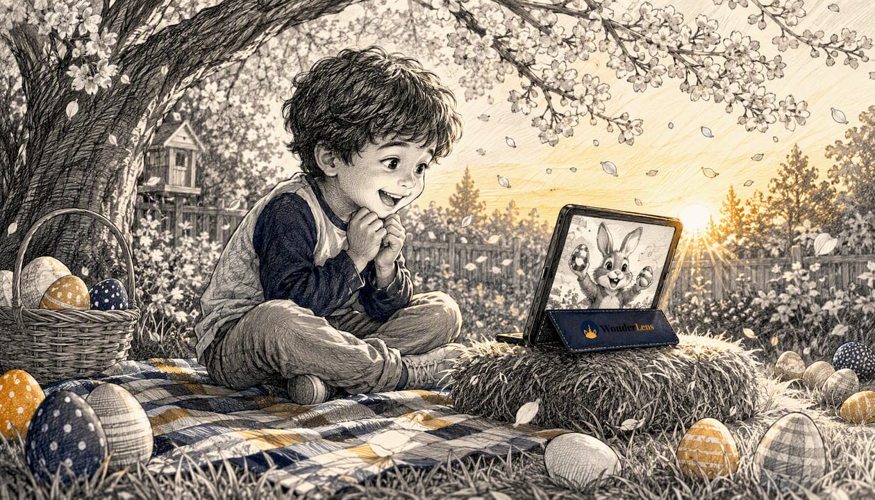 Child watching Easter bunny animation in cozy living room
