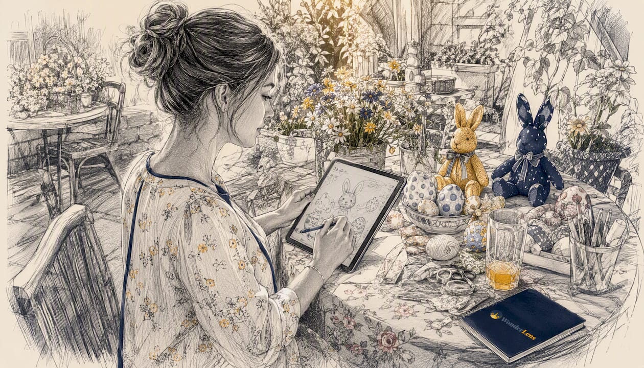 Mother working on Easter animation tablet at home table