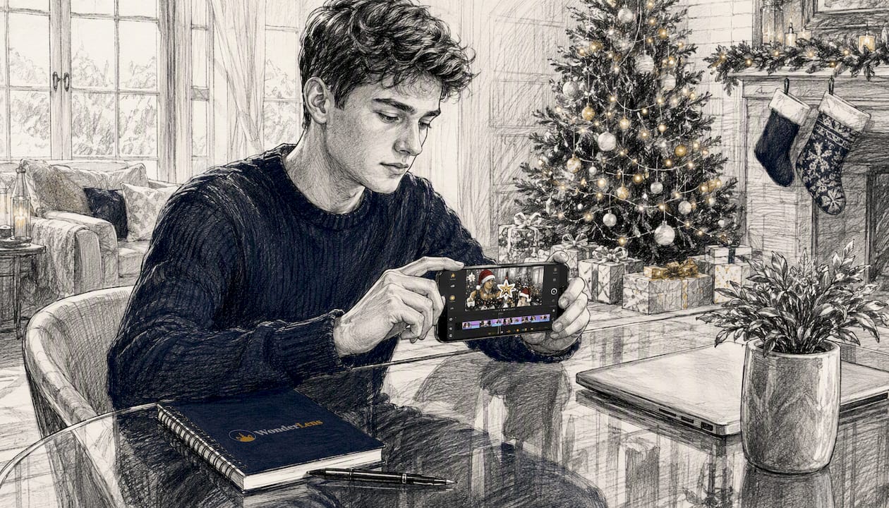Hands editing holiday video on smartphone