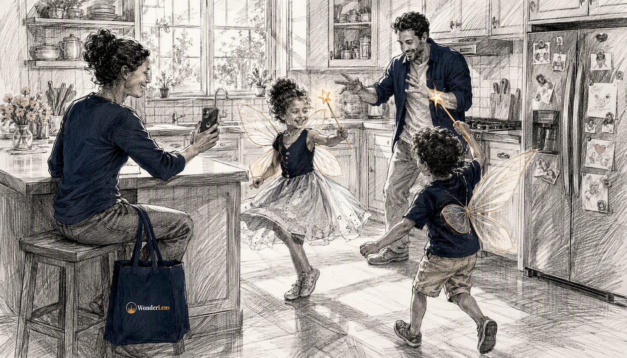 Family filming magical video at home