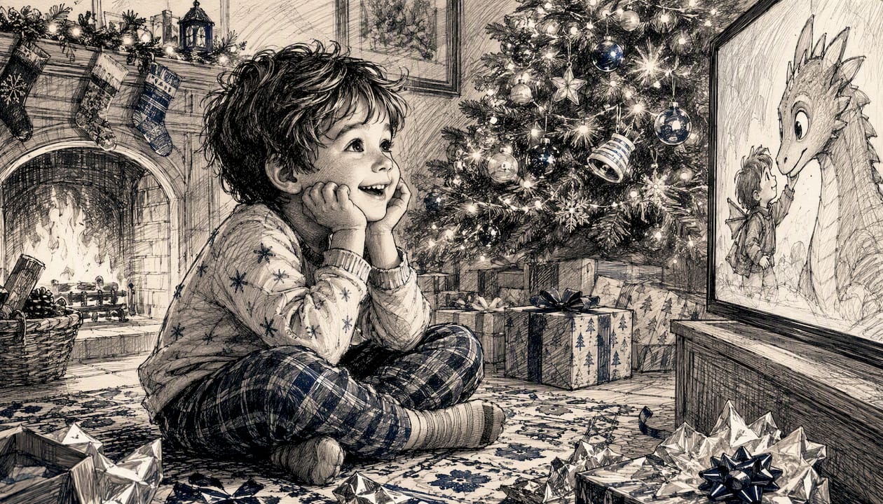 Child watching holiday animation in living room