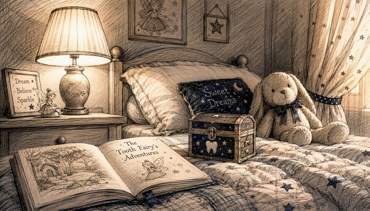 Cozy child's bedroom lit by warm bedside lamp
