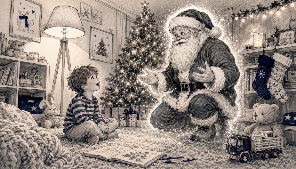 Child delighted by animated Santa in living room