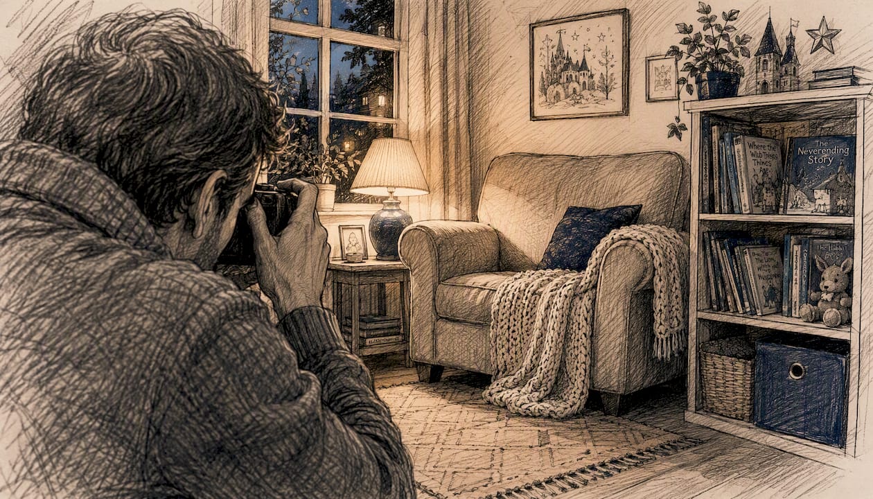 Person photographing living room for video creation