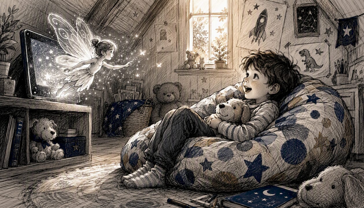 Child watching magical fairy video on screen