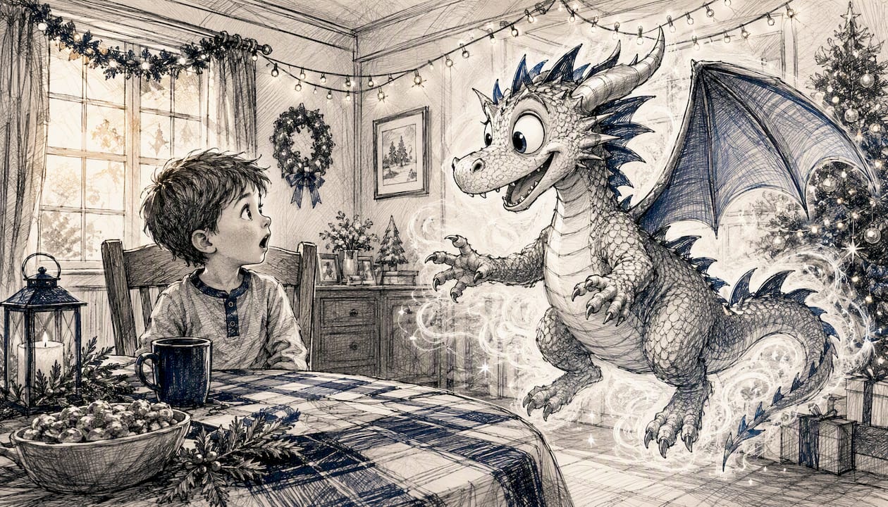 Child watching magical AI Santa animation in living room