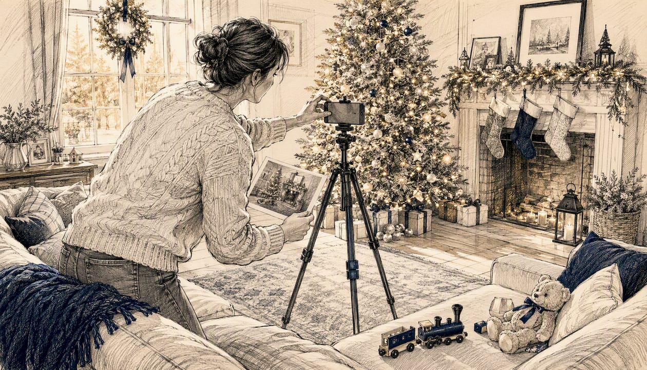 Parent preparing living room photo for holiday video