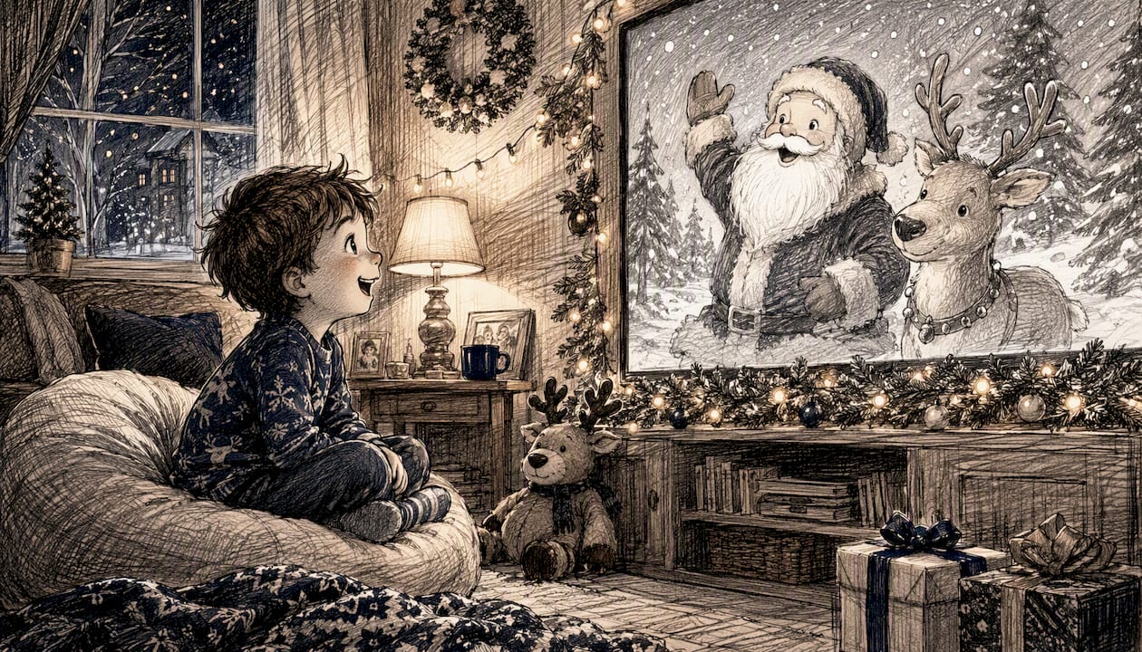 Child joyfully watching personalized Santa video