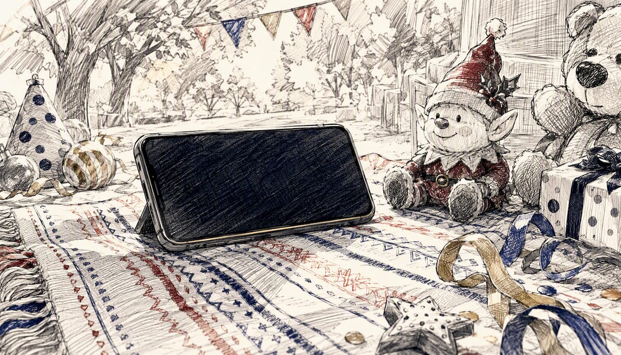 Holiday animated character figurine near smartphone