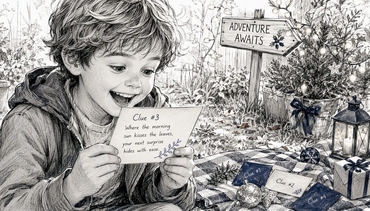 Child holding clue card for holiday scavenger hunt