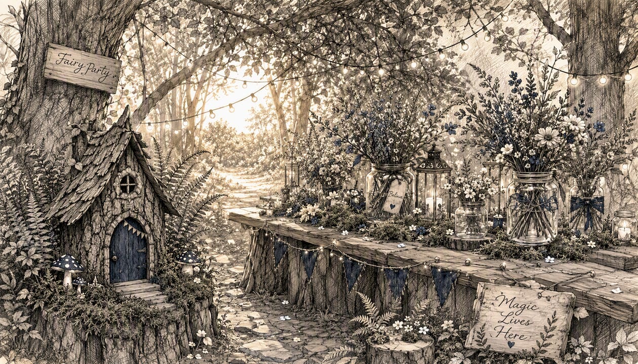 Woodland fairy party natural setup with moss and lights
