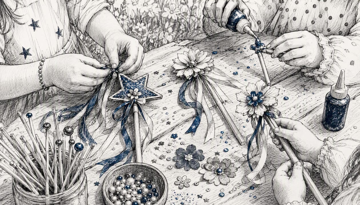Children decorating fairy craft wands with ribbons and flowers