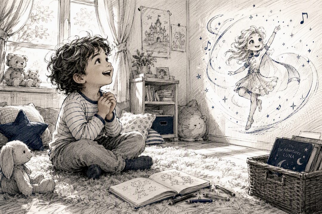 Child watching magical animated video surprise