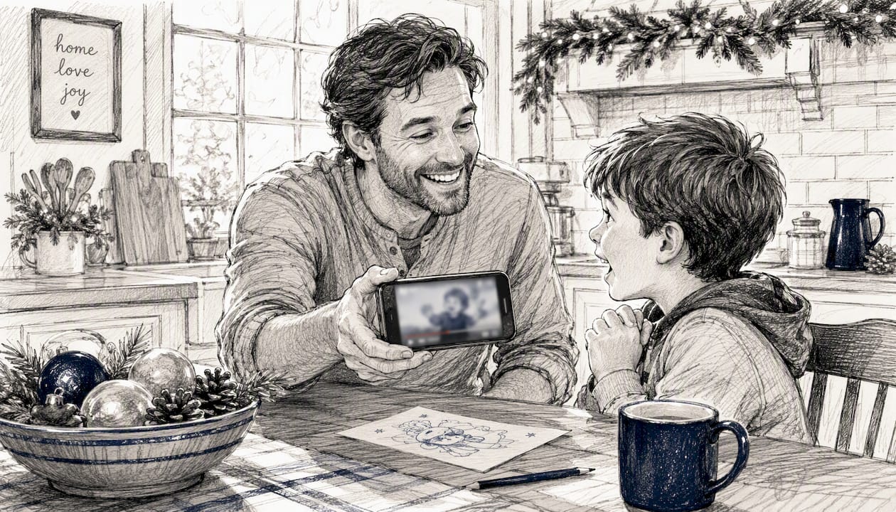 Family sharing festive video on phone