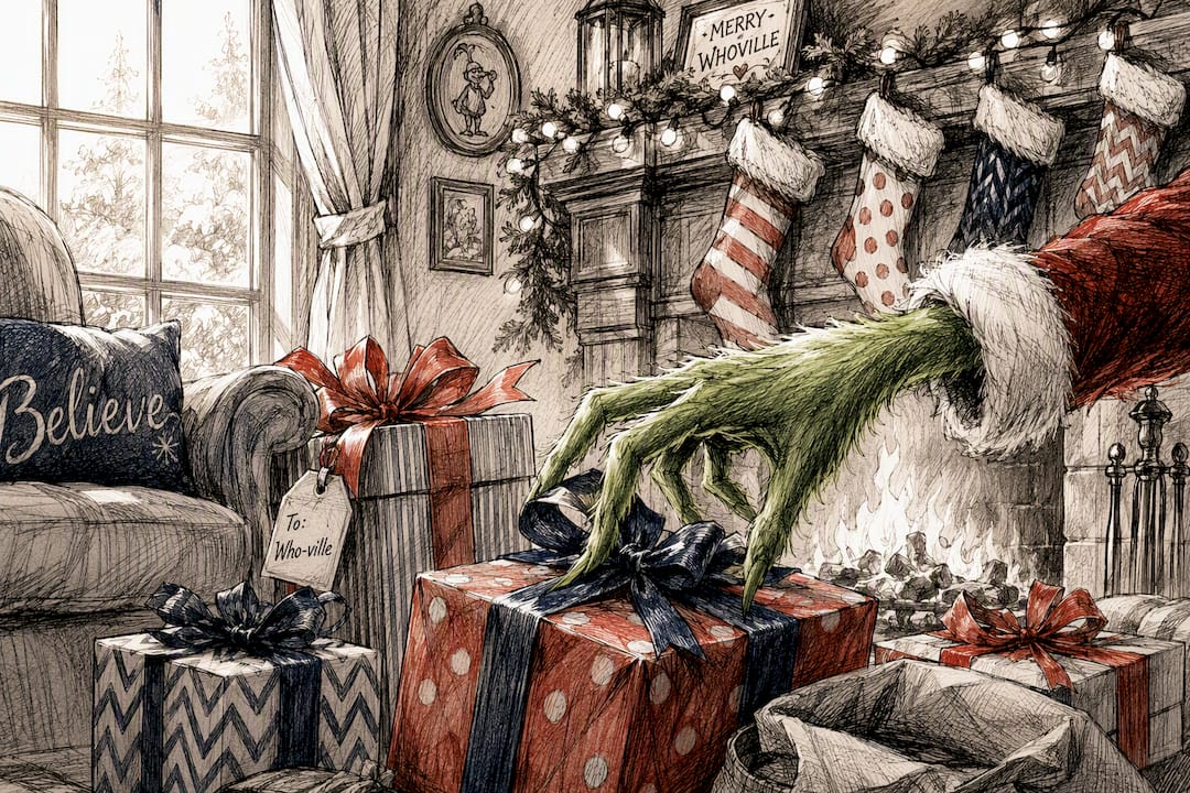 Mischievous hand reaching for gifts in holiday room